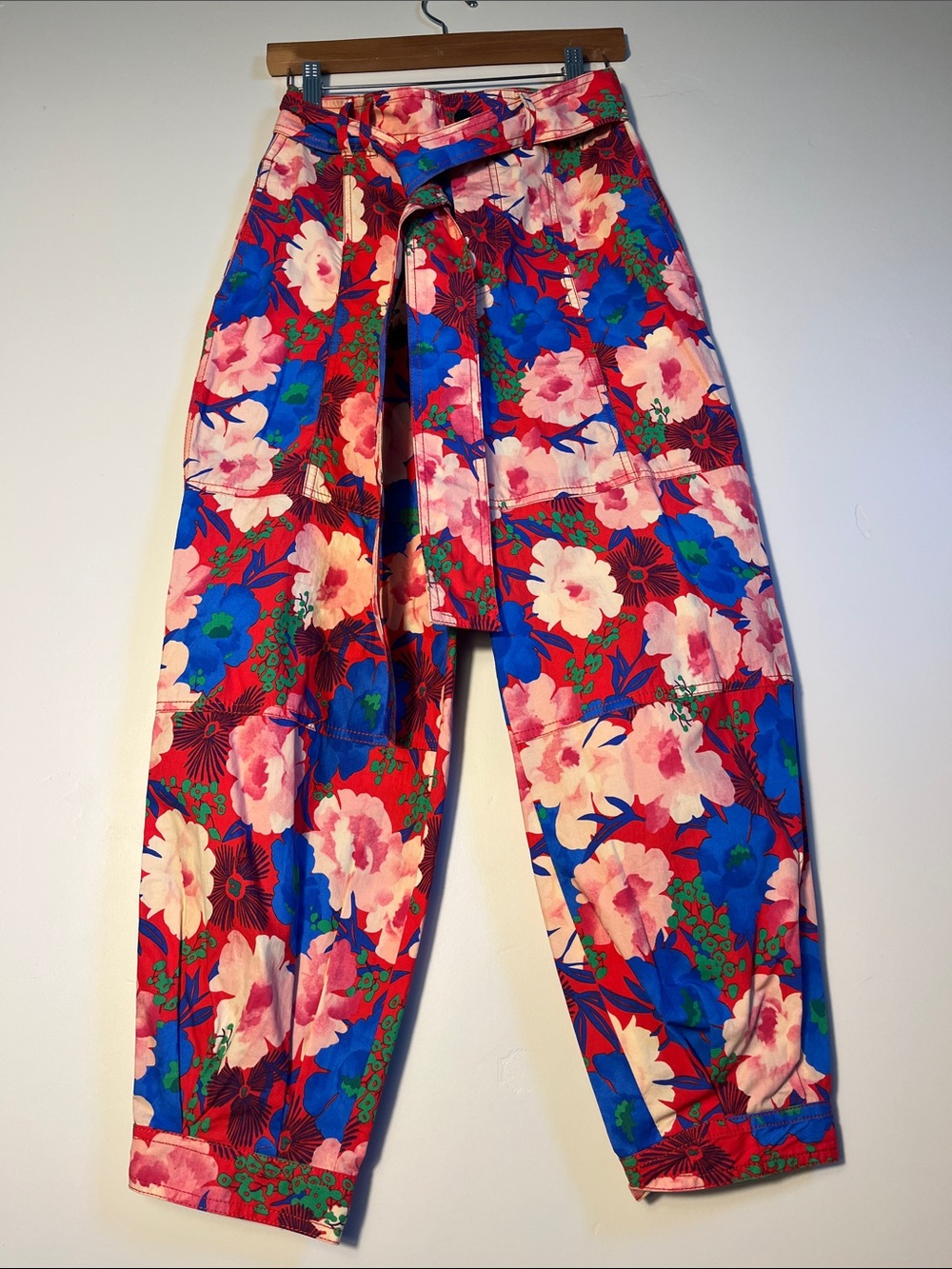 Zara Multicolor Floral Wide-Leg Paperbag Pants - Blue, Red, Pink